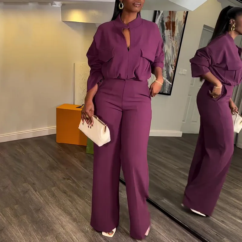 Eleganti set da due pezzi da donna tinta unita manica lunga sexy scollo a V camicetta ampia pantaloni abito femminile primavera casual streety office outfit