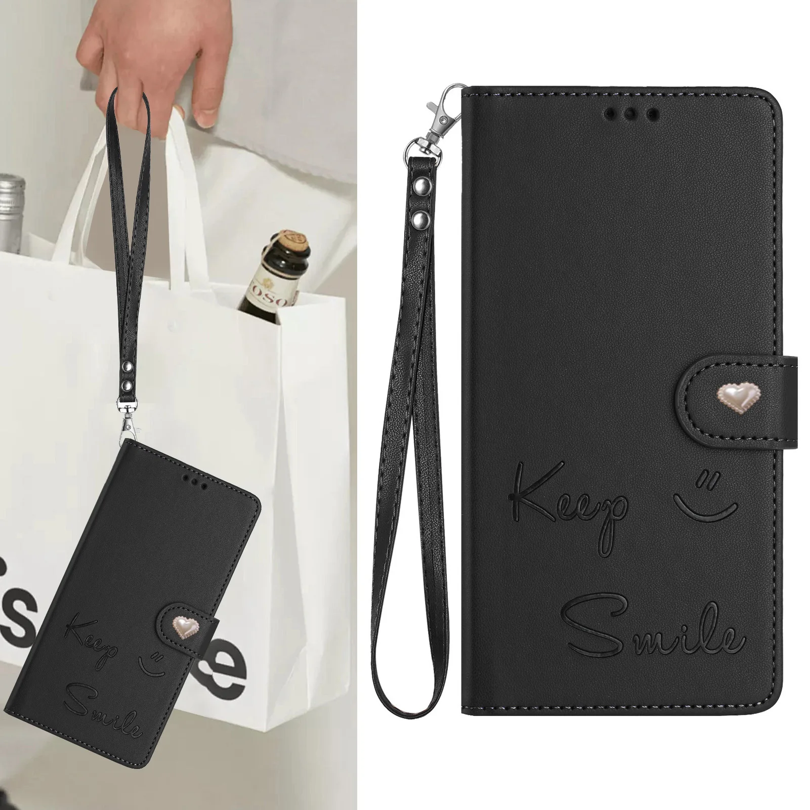 

Crossbody Flip Case for Oukitel C65 C58 C57S C57 C53 C51 C50 C38 C37 C35 C32 C1 Pro Smile Leather Lanyard 3 Cards Wallet Cover