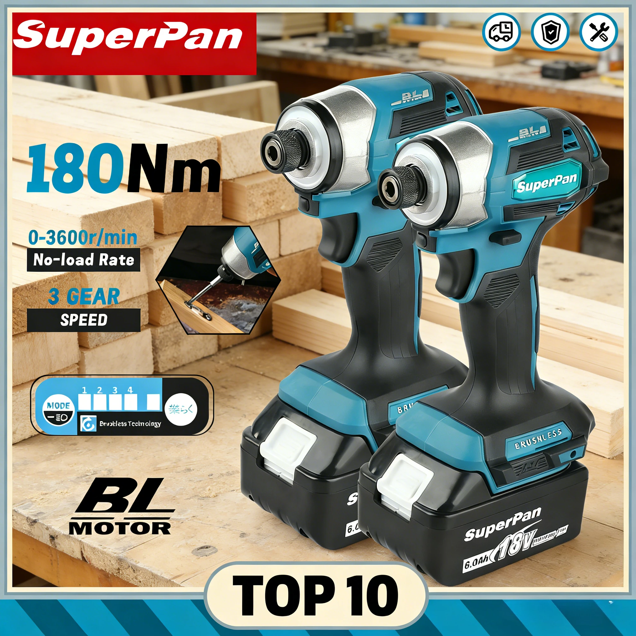 

SuperPan SP173 Brushless Impact Driver 180N.m 3-speed for DIY Repairs Home Appliance Installation for makita 18V battery pin