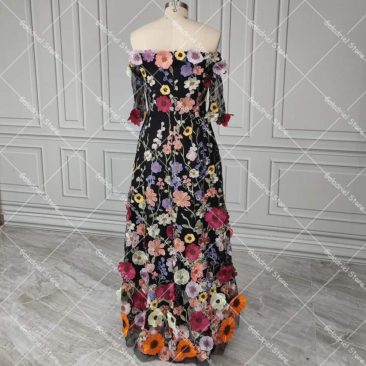 Off Shoulder Floral Appliques Lace High Low Celebrity Gown Boat Neck Half Sleevels Colorful Irregular Blossom Homecoming Dress