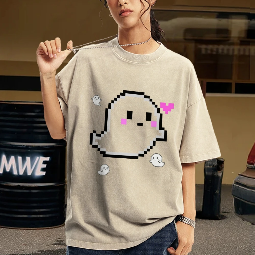 Cute Ghost Graphic Print TShirt Japanese Streetwear Shirts Cartoon Casual Loose Washed Tee American Vintage Y2k Shirts for Women