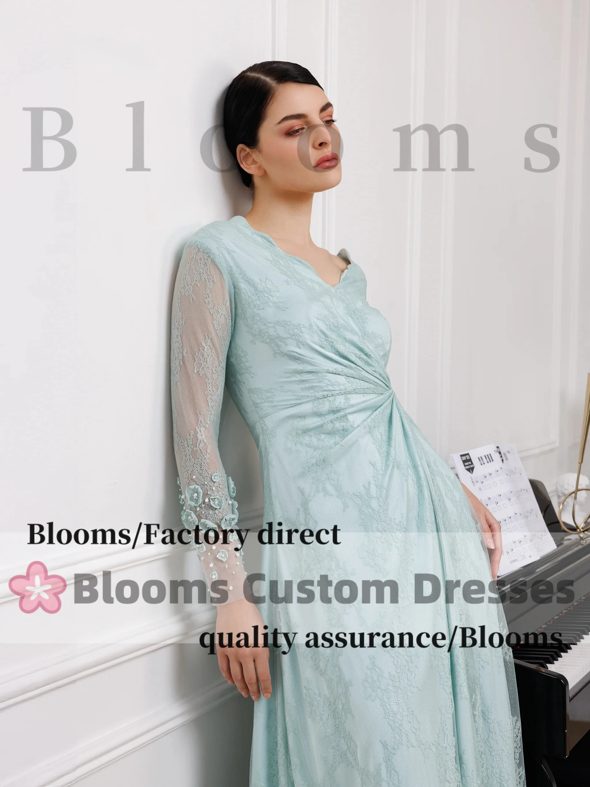 Blooms V-Neck Lace Customized Prom Dress A-Line Long Sleeve Flowers Beads Special Occasion Pleated Midi Evening Dress