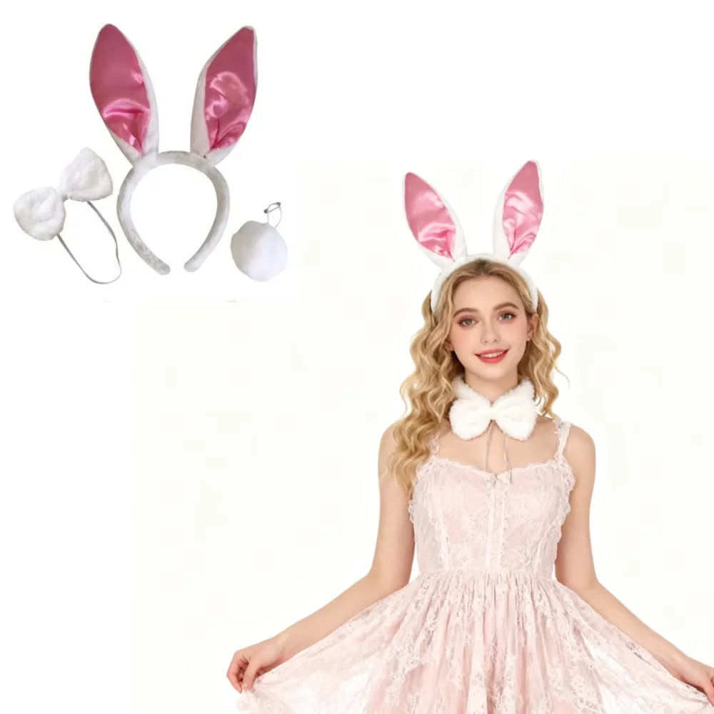 PESENAR 부활절 토끼 의상 세트 귀 머리띠 나비넥타이와 꼬리 포함 휴일 파티 액세서리
