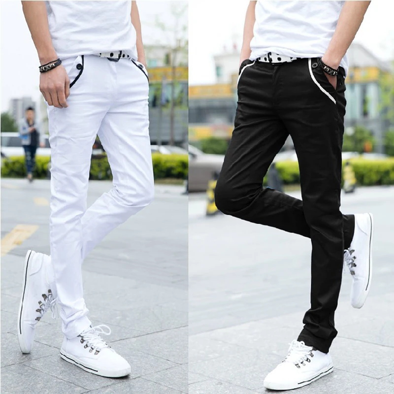 Pantalones informales de sarga para hombre, Pantalón pitillo, color blanco y negro, primavera y verano, venta al por mayor, 2020