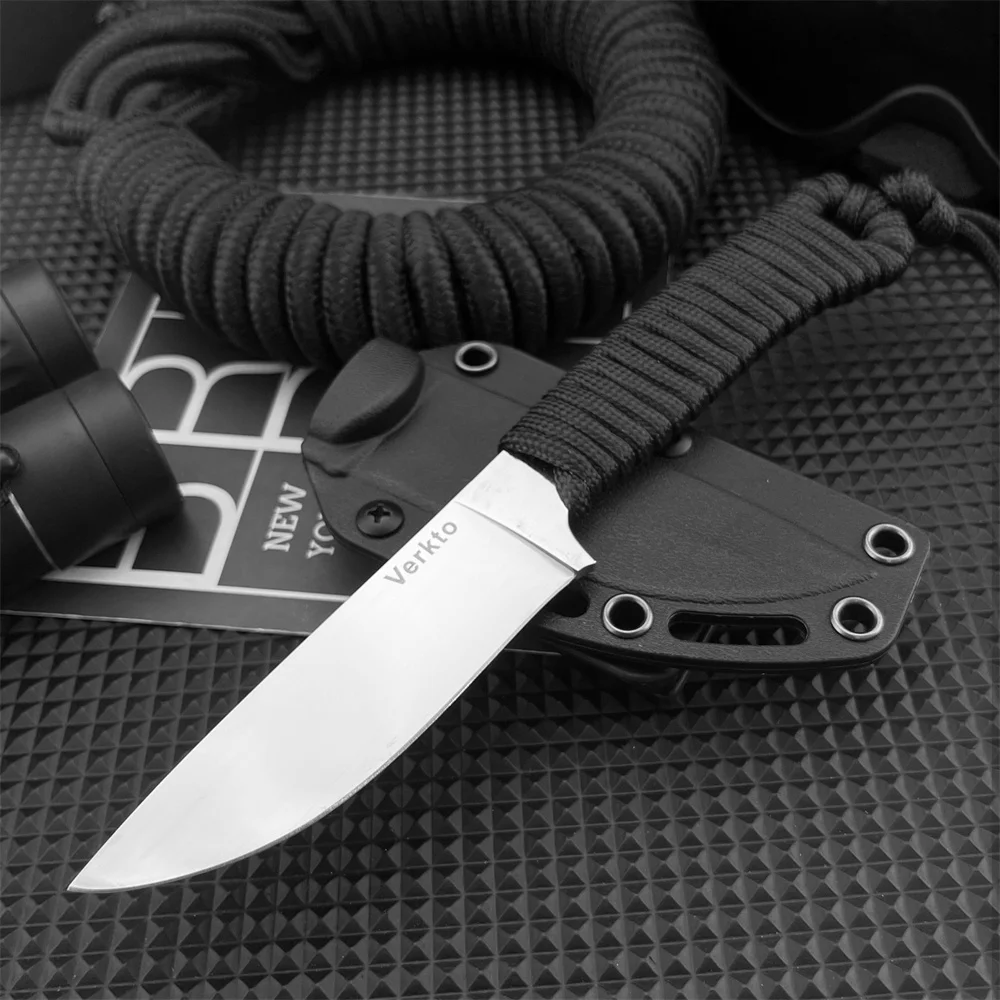 

Верховый нож для выживания на открытом воздухе, стальное лезвие 440C, нейлоновый шнур с ручкой, поясной нож для кемпинга и исследования, включает черную оболочку
