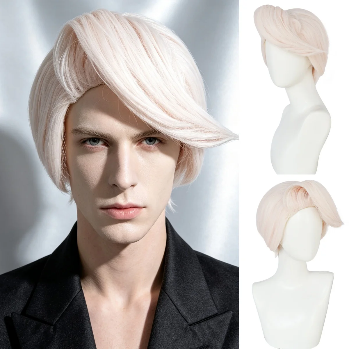 Men Light Pink Anime Short Cosplay Wig Synthetic Layered Hair Wig For Men Role Play Halloween Party For Anime Show Themed Party