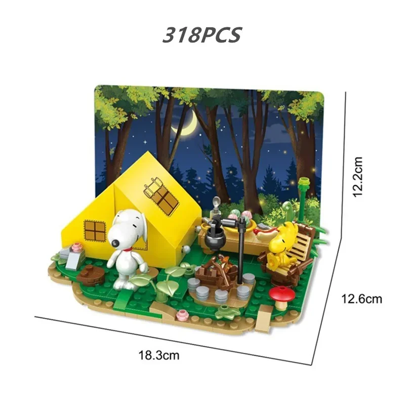 Miniso Snoopy Camping Outdoor Fun School Bus Peanuts Cute Anime Friends Figures Cartoon Building Blocks Bricks Toys Kid Gifts