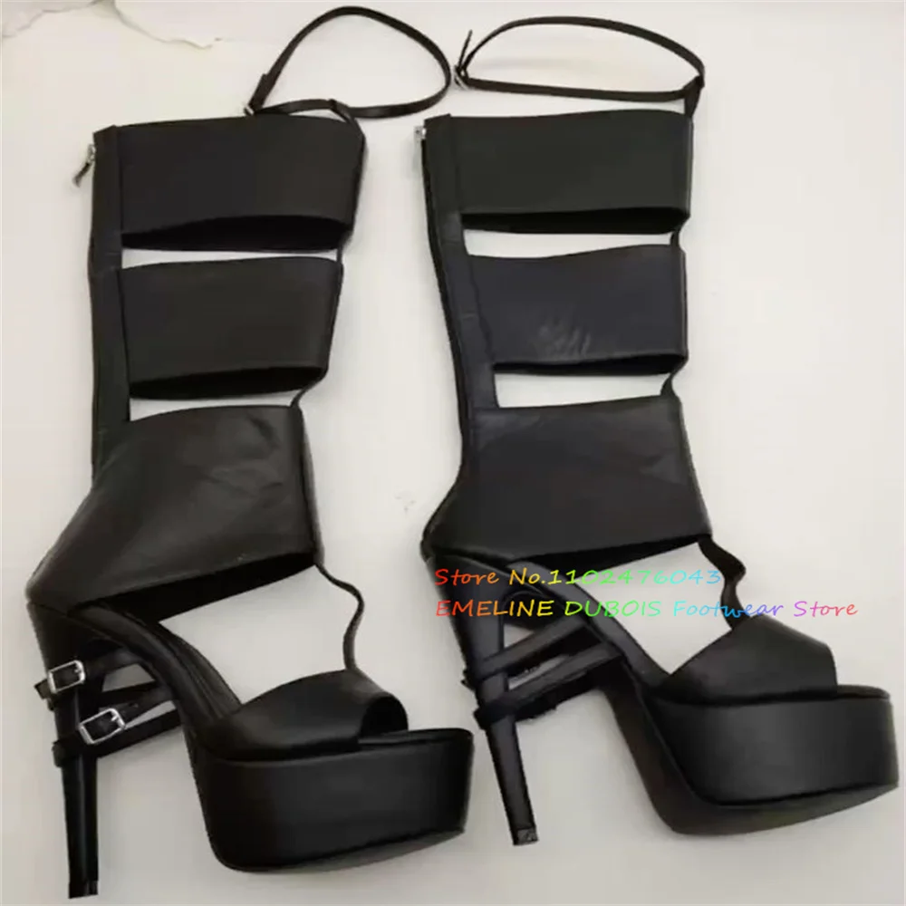 

Black Leather Hollow Out Knee High Boot Women Sexy Platform Buckle Strap Stiletto Heel Back Zipper Summer New Party Sandals