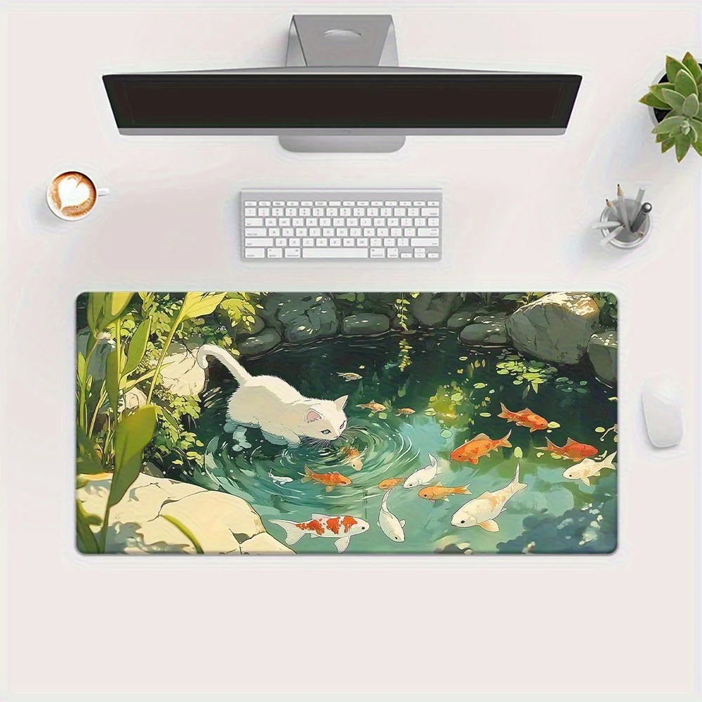 White Cat Koi Pond Extra Large Gaming Mouse Pad Non-Slip Desk Mat Durable Rubber for PC Office Gaming Setup