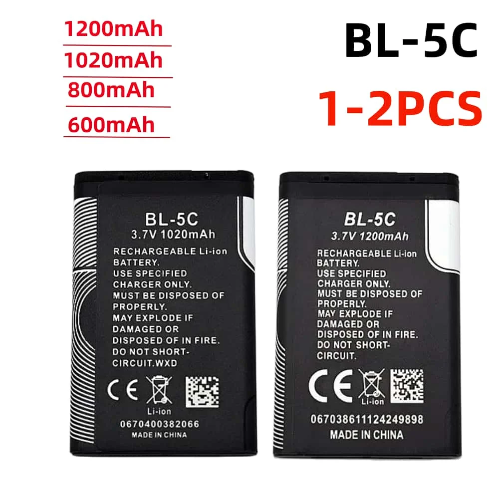 1-2Pcs 3.7V 1020mAh Battery BL-5C BL5C BL 5C Rechargeable Batteries For 2112 2118 2255 2270 2280 2300 2600 2610 3125 3230