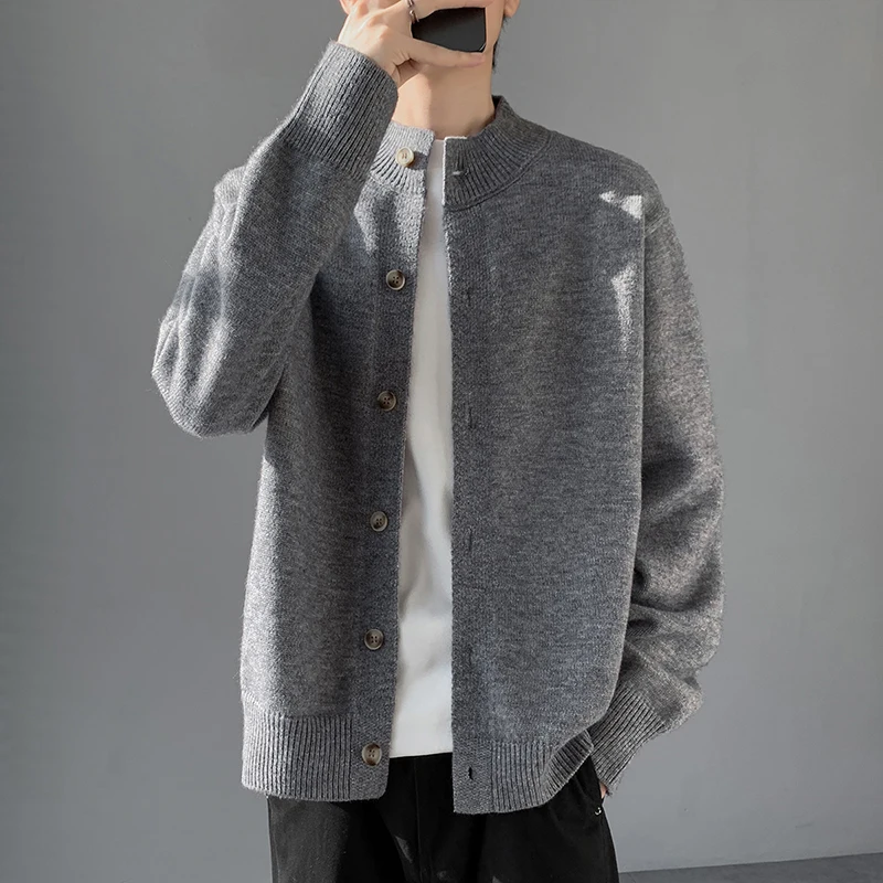 

Autumn Men's Crewneck Knitted Sweatercoat Winter New Sweater Cardigan Men Korean Slim Solid Color Single Breasted Sweater Jacket