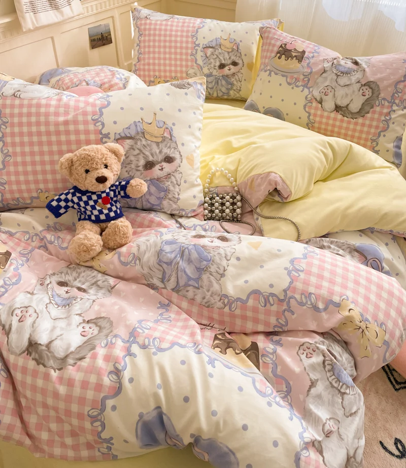 4 Pieces Lolita Style 100% Cotton Bedding Cartoon Anime Brushed Duvet Cover 150x200 180x220 200x230 Thickened Winter