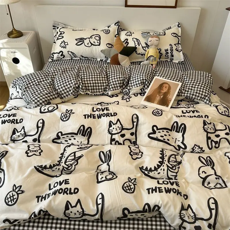 European Check Print Non Fading Bed Sets Simple Washed Cotton Stain Resistant Bedding Set Twin Full Queen King Size Bedclothes