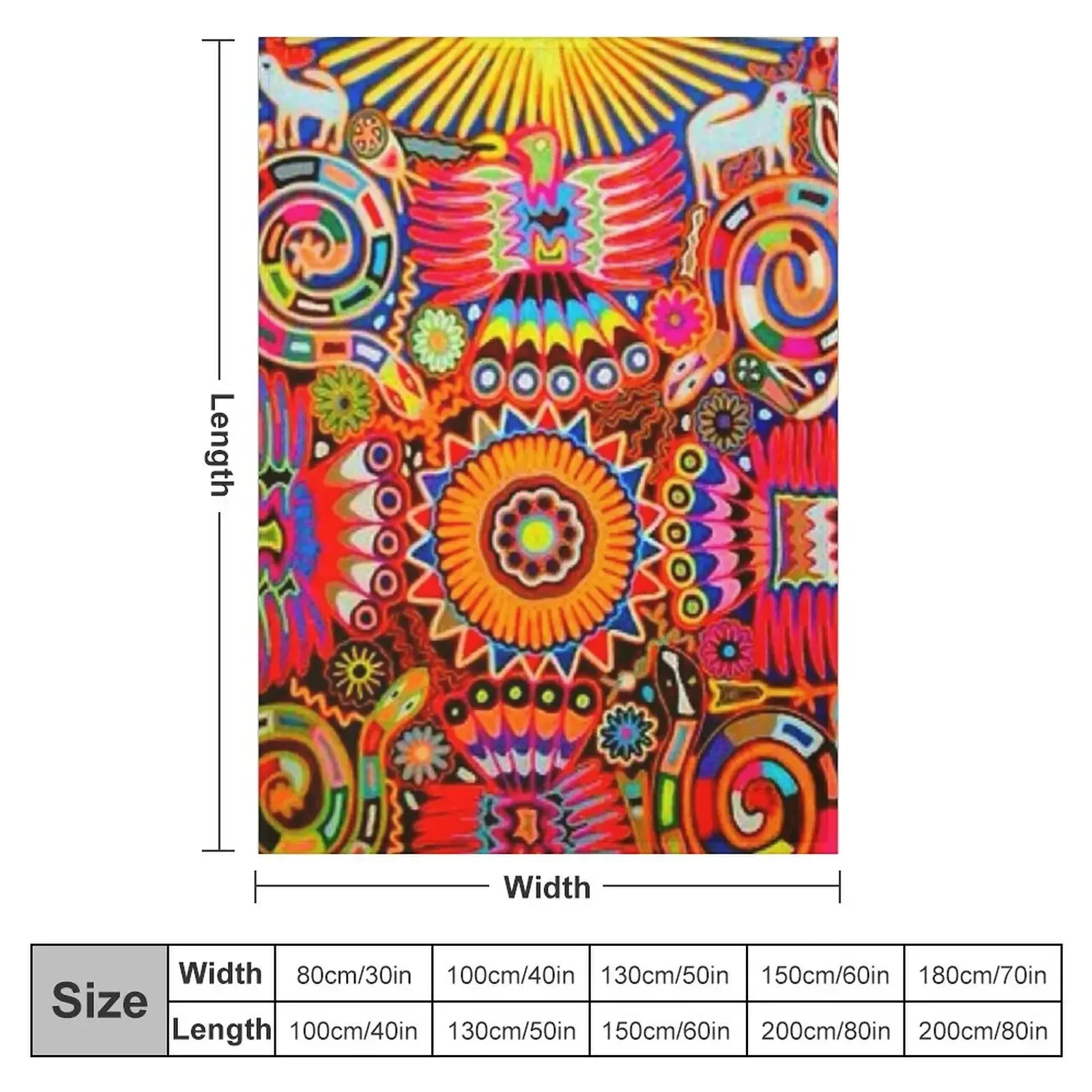 Mexican Colorful Huichol Mexican Blanket Design Large Cozy King Size Vintage Folk Art - Throw Blanket