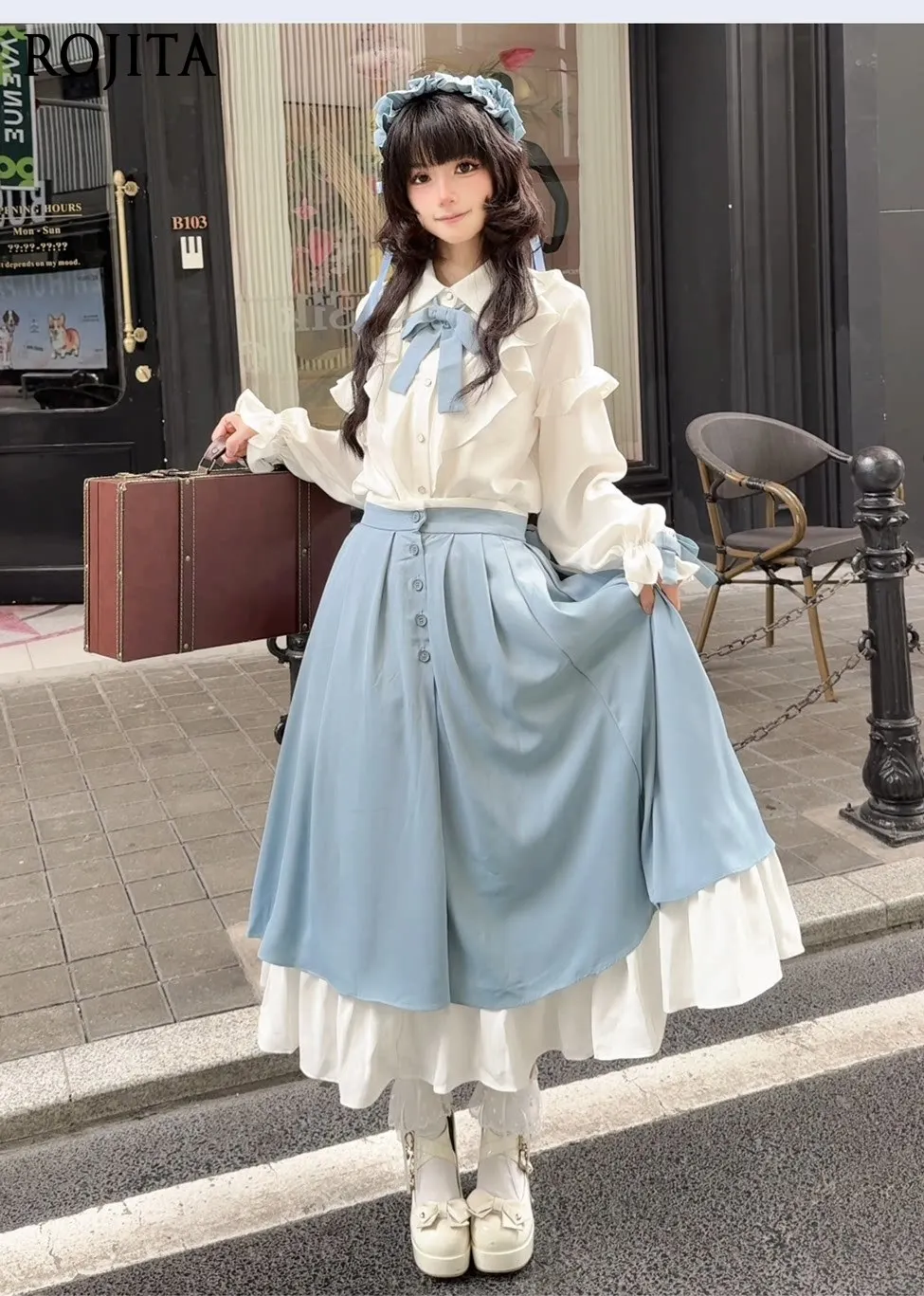

Sweet Lolita Ruffle Blouse and Skirt Set with Bow Decor Women's Spring New Two-piece Set Elegant Lady Temperament Suit
