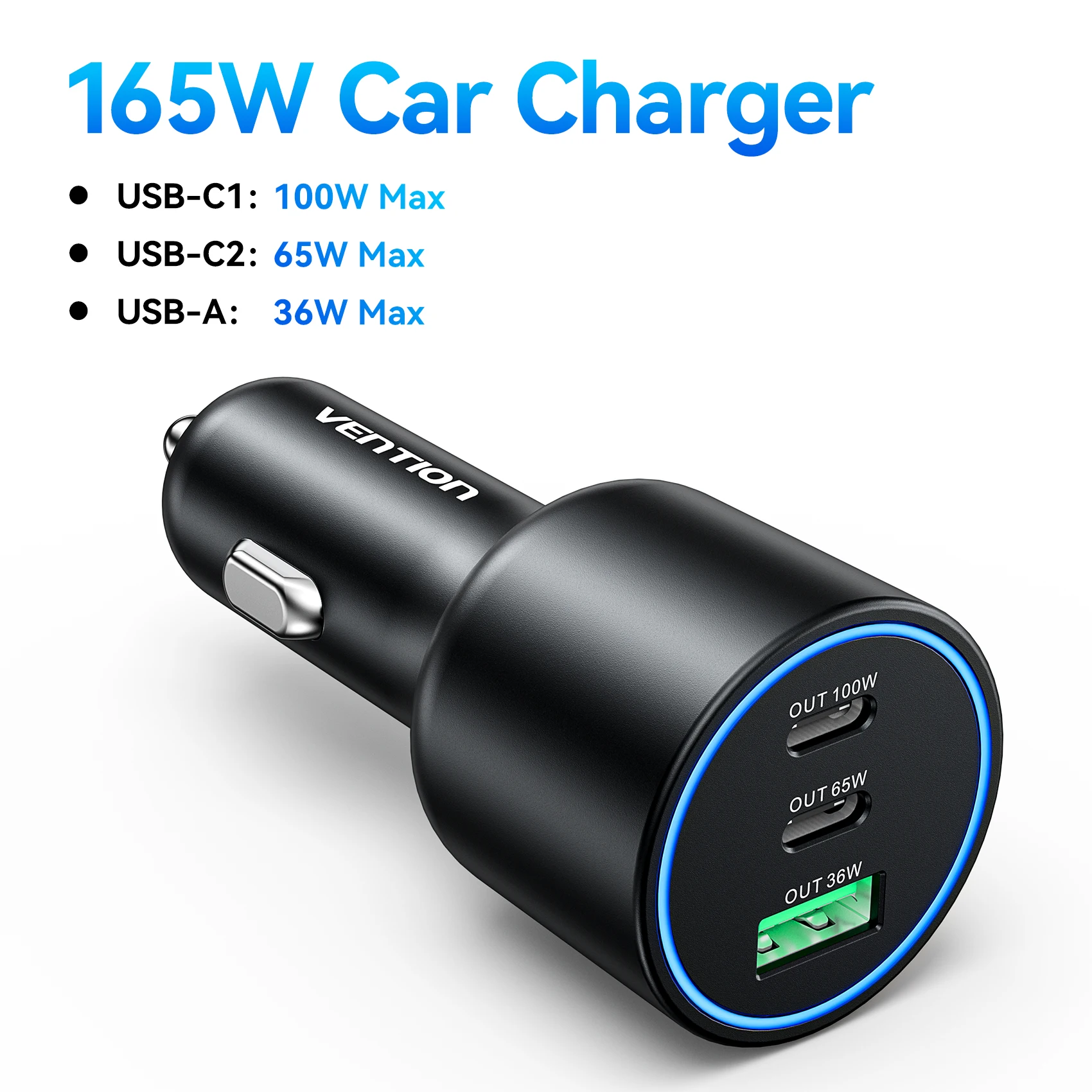 Vention 165 W USB C Autoladegerät 3 Ports PD QC 4.0 45 W für Samsung S25 iPhone 17 16 MacBook 100 W Schnellladeadapter mit LED
