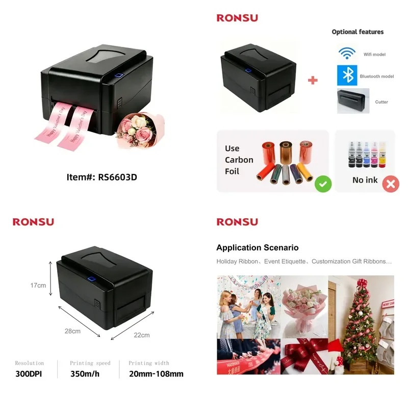 Desktop Thermal Transfer Ribbon Printer 4 Inch Dual-Row High Resolution Label Printer for Gift Wrapping Satin Ribbon Printing