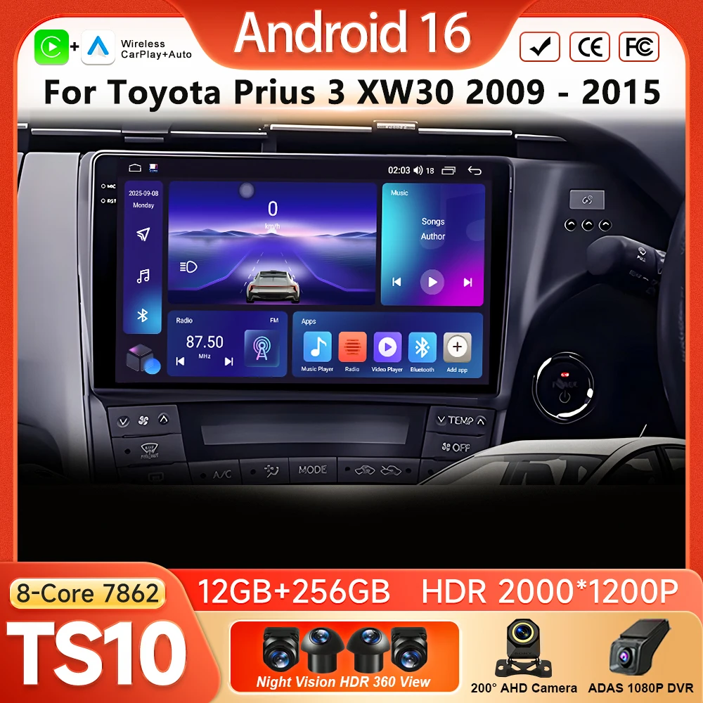

Android 16 Wireless Carplay Radio For Toyota Prius 3 XW30 2009-2015 Android Auto Car Play Multimedia Video Player GPS Navigation