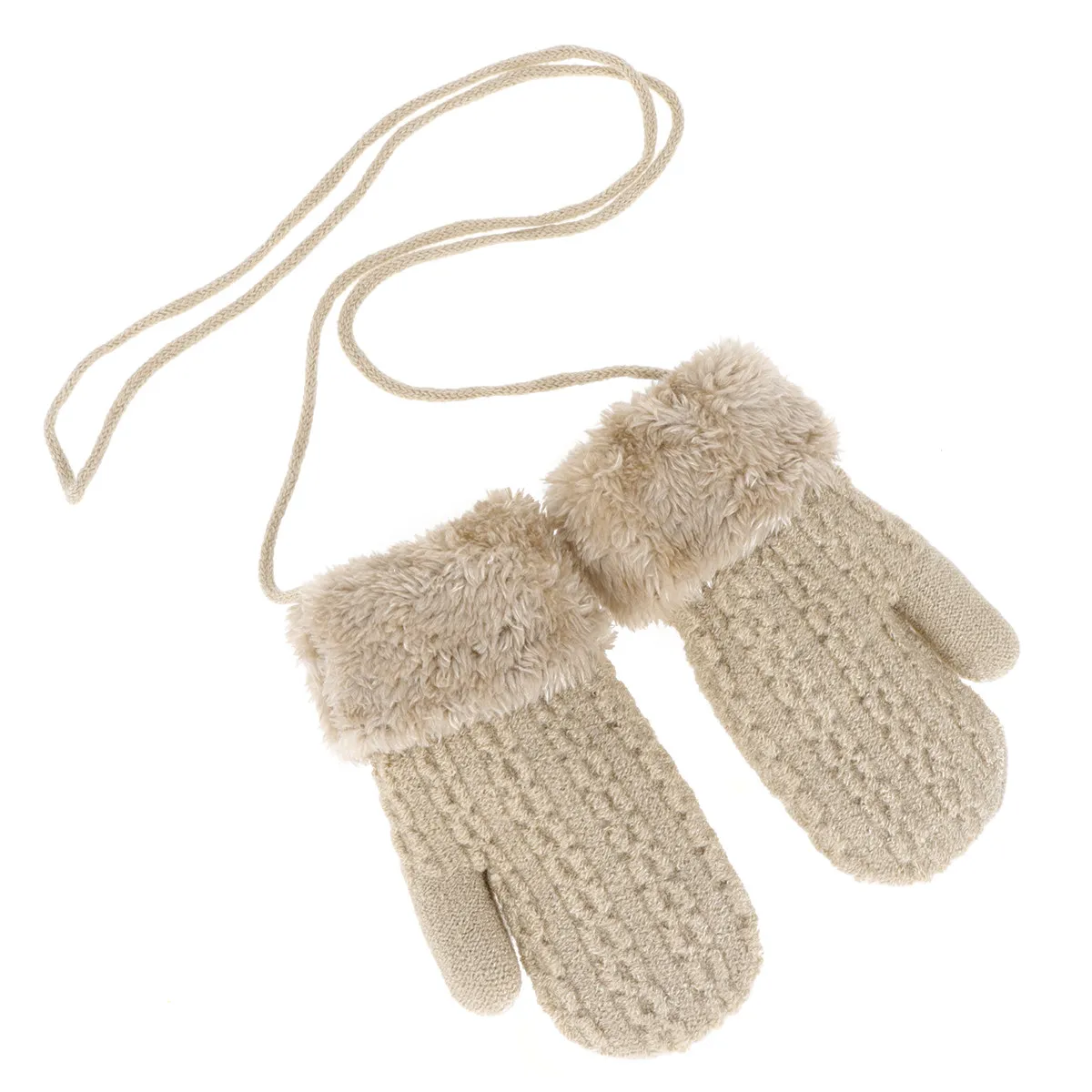 Kids Winter Warm Gloves Double Layer Knitted Hanging Gloves Beige Size Fits 1-4 Years Old Full Coverage Kids Cold Weather