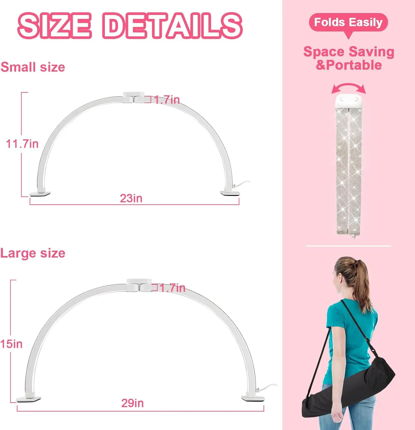 ترقية 29 بوصة ضوء نصف قمر قابل للطي مع حامل هاتف، يعتم ستبليس ودرجة حرارة اللون لمكتب الأظافر