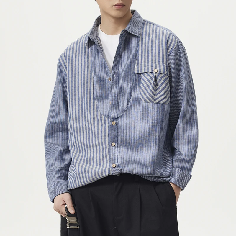 

Spring Summer Vintage Splice Stripe Breathable Shirt Men Korean Fashion Streetwear Loose Casual Long Sleeve Cotton Shirts