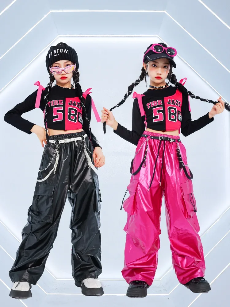 Neues Mädchen-Hip-Hop-Crop-Top, glänzende Cargohose, T-Shirt, Street-Dance-Shorts, Kinder-Streetwear, Kinder-Jazz-Mädchen-Gruppen-Kleidungssets – Detail 14