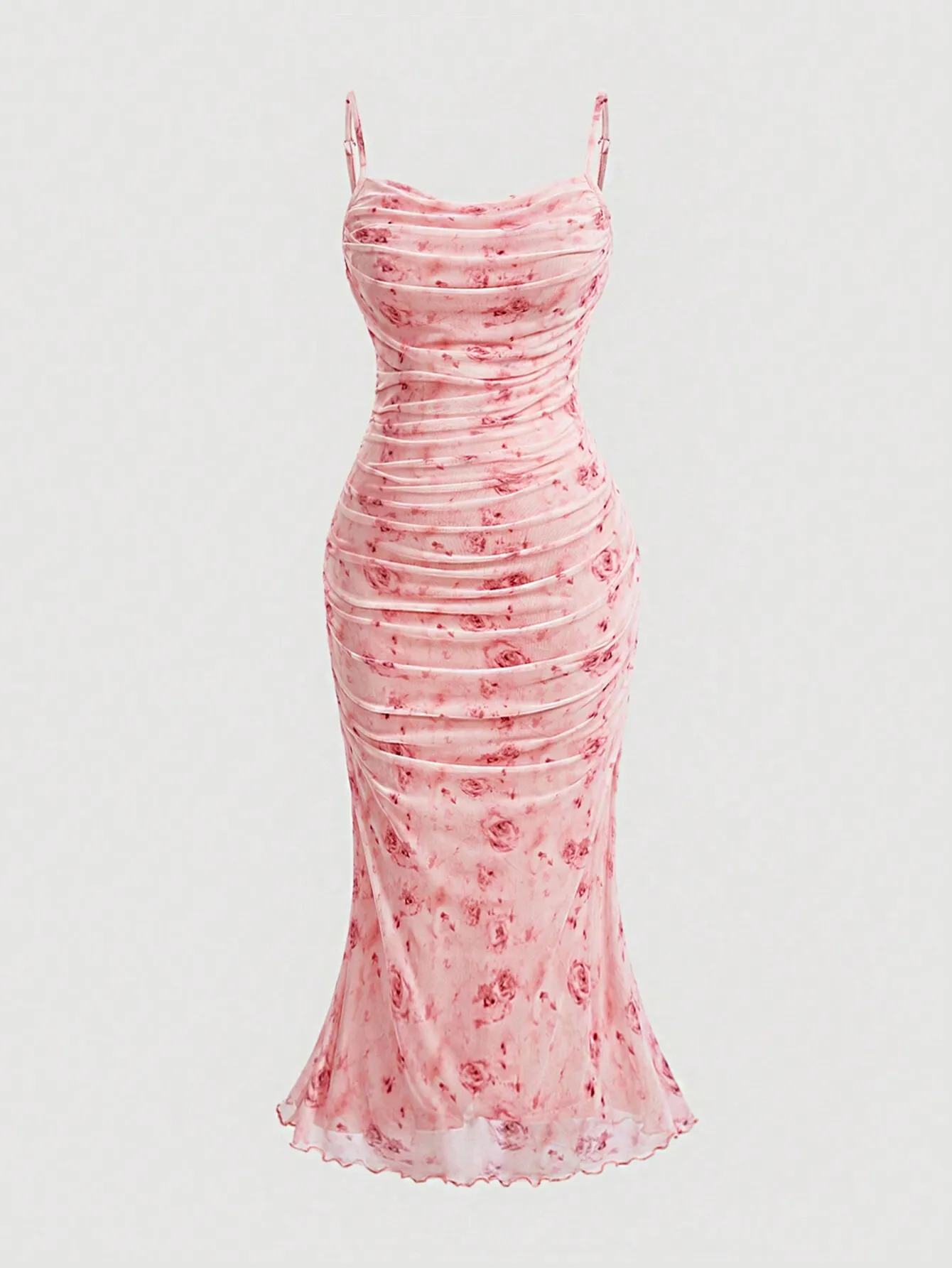 

Pink Floral Print Ruched Bodycon Dress with Spaghetti Straps