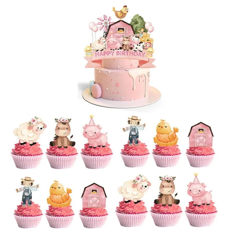 Cake Topper with Farm Animal Theme, Cake Decoration,Pink Farm Animal, Happy Birthday Party