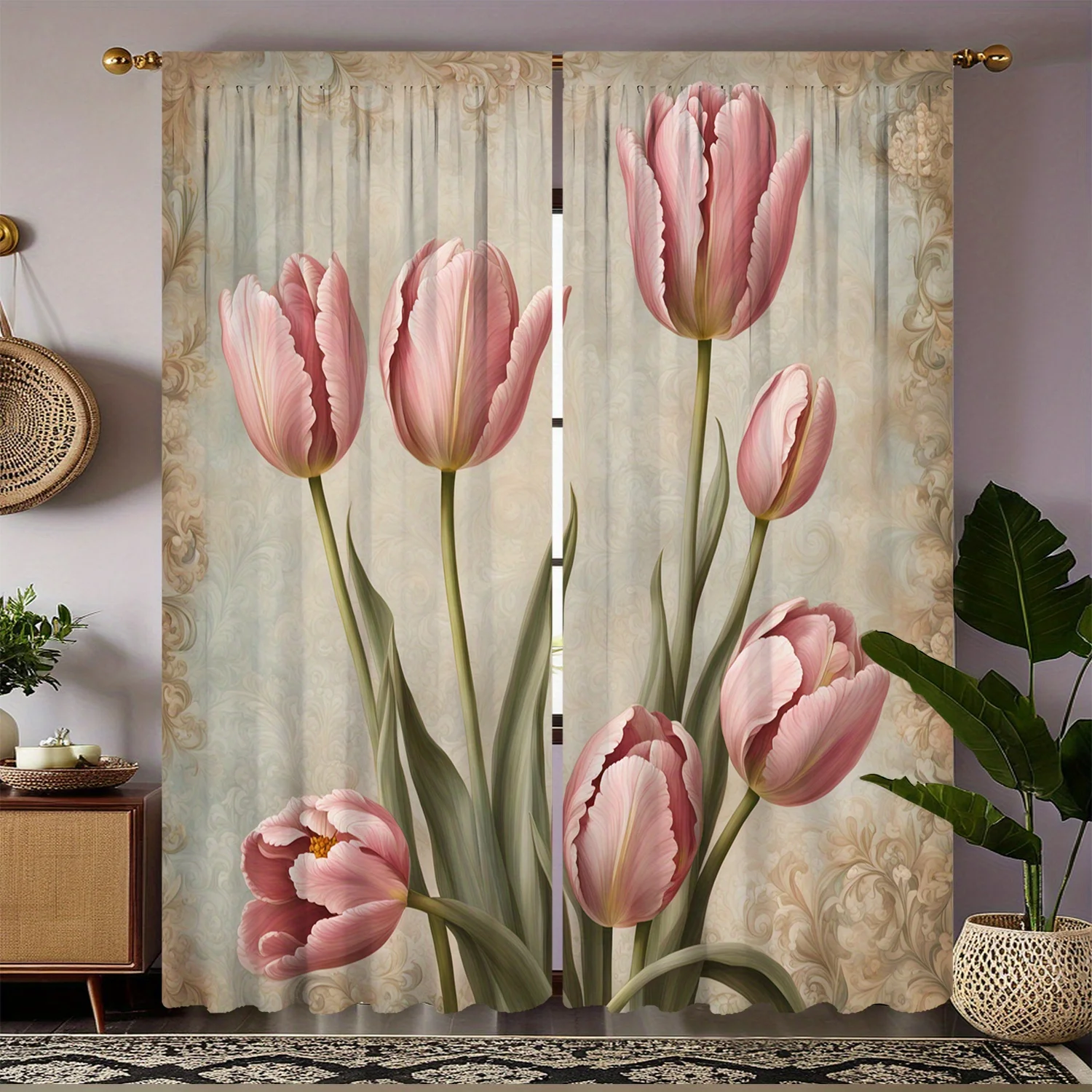 

2pc Vintage pink tulip pattern curtains, made of polyester, machine washable, suitable for bedrooms and living rooms.