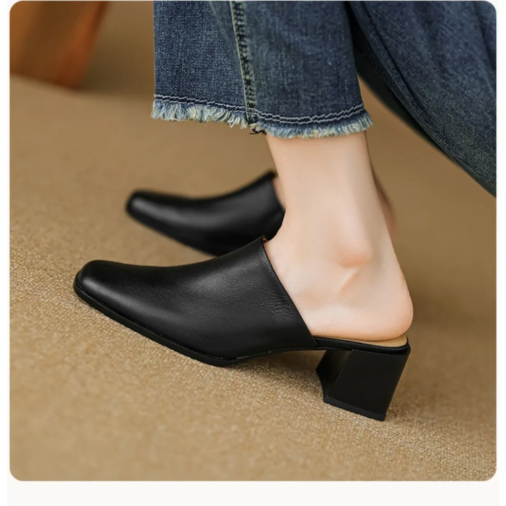 Women's 2026 Summer Genuine Leather Slippers, Mid-Chunky Heel Closed Toe Open Back for Daily Wear