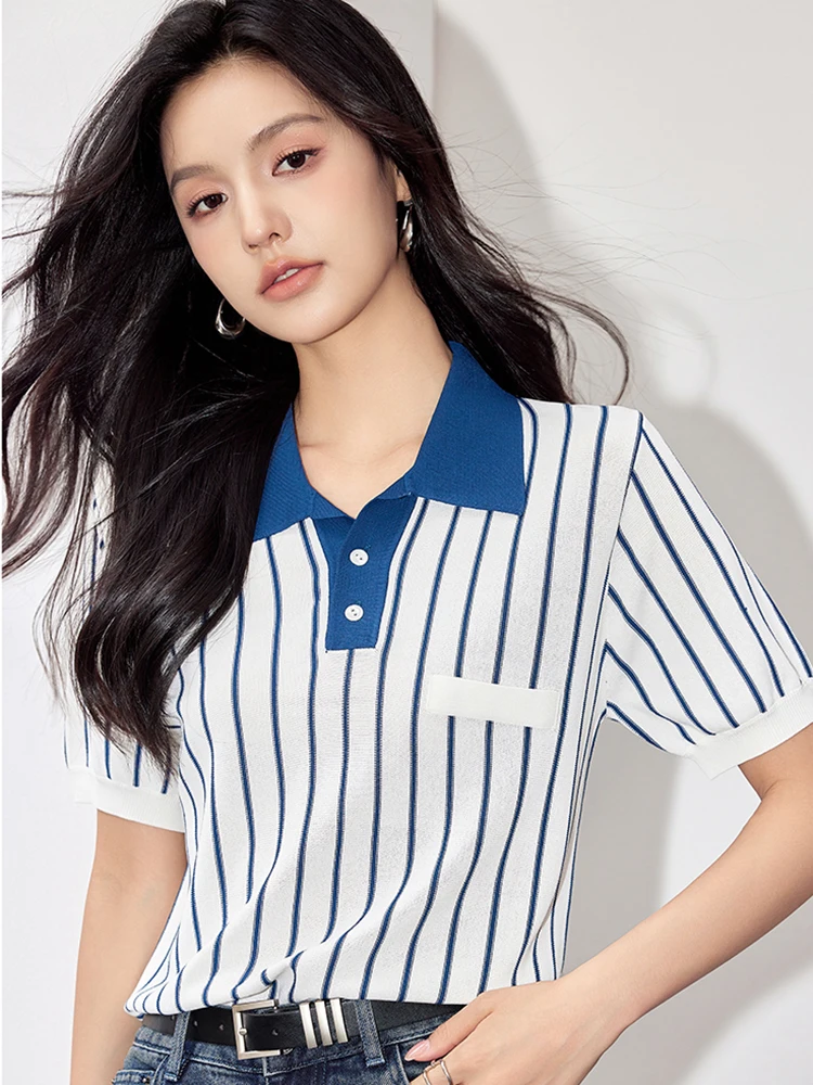 Women Summer Lapel T-Shirt Elegant Causal Short Sleeve T Shirt American Style Vintage Fashion Simple Striped Tops