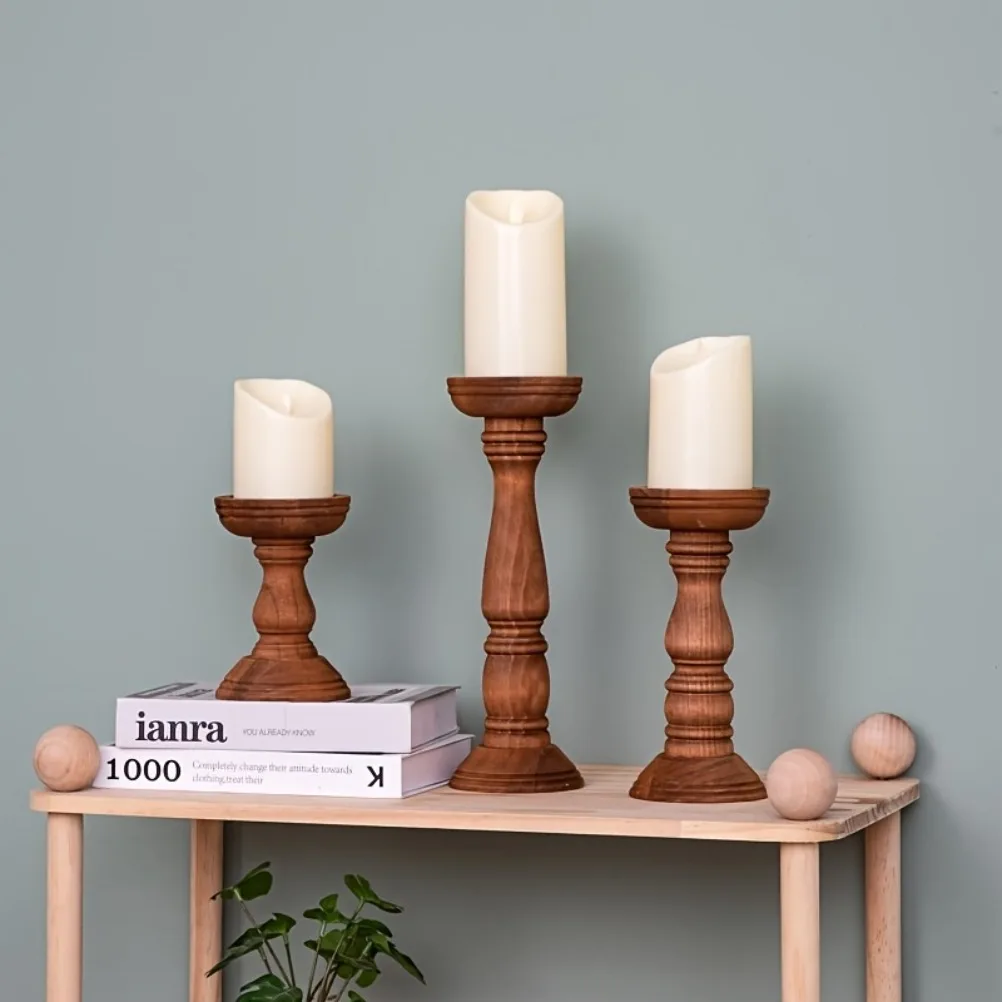 Vintage Wooden Candle Holders 3pcs Valentine's Day Wedding Cylindrical Candle Holder Desktop