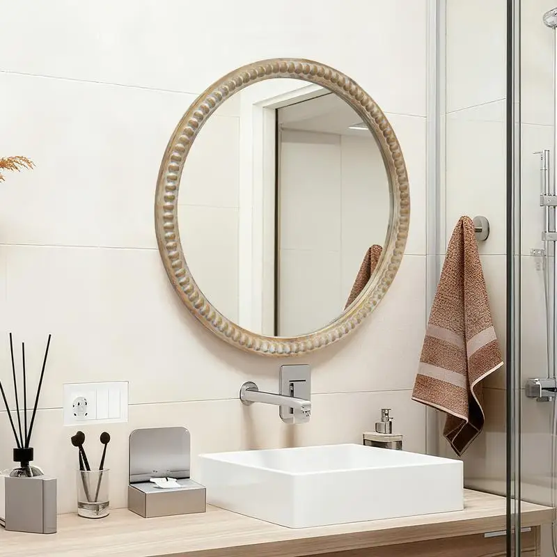 مرآة حائط دائرية مزخرفة، مرآة بإطار خشبي مطرز مقاس 35.43 بوصة للمدخل وغرفة المعيشة والحمام ولمسة المزرعة