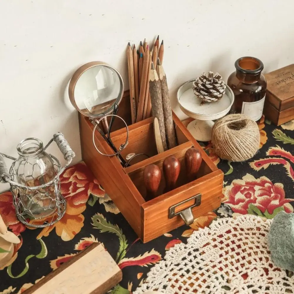 Wooden Remote Control Holder Decorative Vintage Style Makeup Brush Holder with 3 Compartments Desktop Storage Box Office