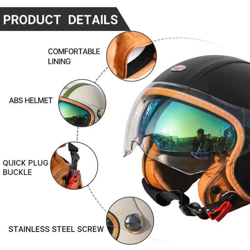 DOT Certified Retro Half Helmet Motorcycle Three-quarters Helmet Electric Pedal Motorcycle Autumn Winter Large lens Four Seasons