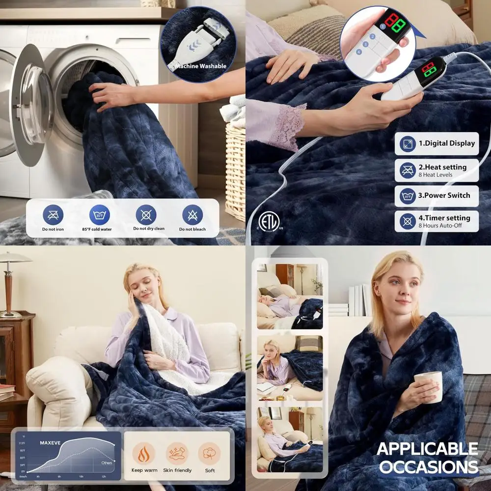 

8-Level Electric Rabbit Fur Sherpa Blanket with Auto-Off, Overheat Protection, Washable, Blue