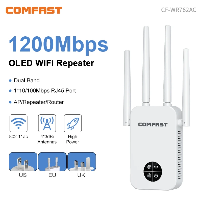 

1200Mbps Wifi Repetidor Smart Screen 4 Antenna Wi Fi Amplificador 5.8Ghz 2.4GHz Wi-Fi Repeater Extender for Home Router Coverage