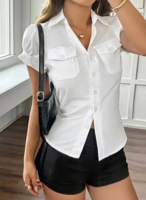 

Y2K Hot Girl Style Pure Color Short-Sleeved Female Button Shirt Women's Clothing 2025 Autumn and Winter