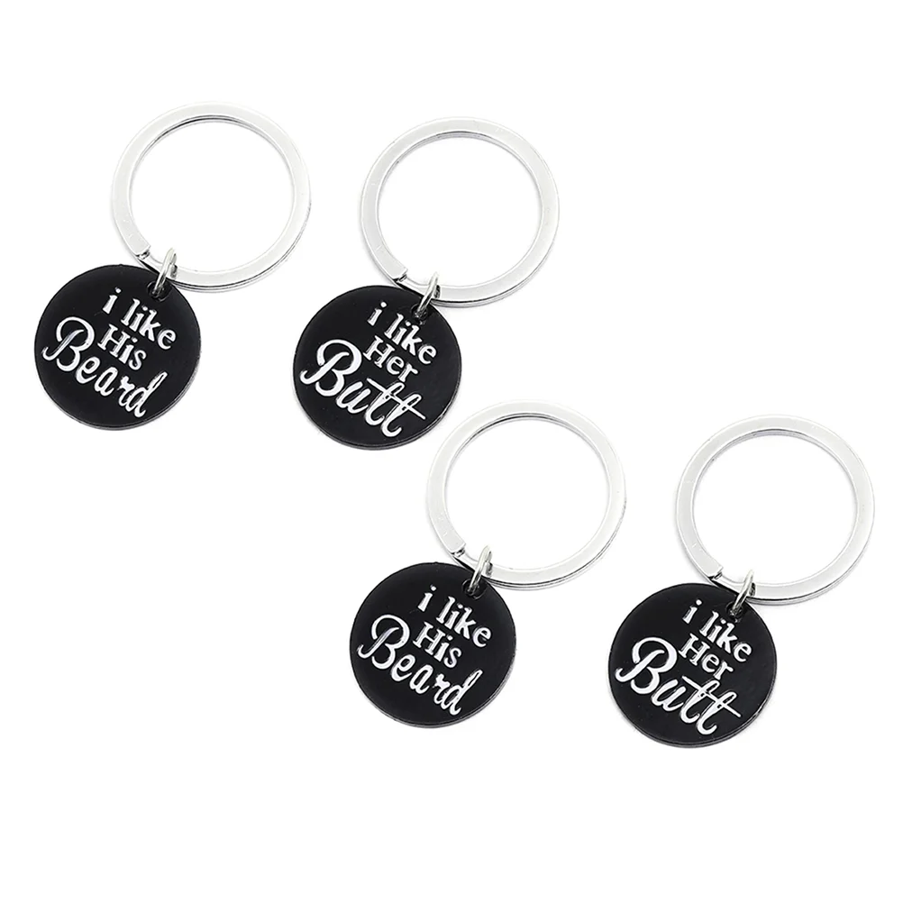 4pcs Fashion I Like Her Butt Keychains I Like His Beard Couple Alloy Key Ring Valentine's Gift for Lovers Couple (Black)