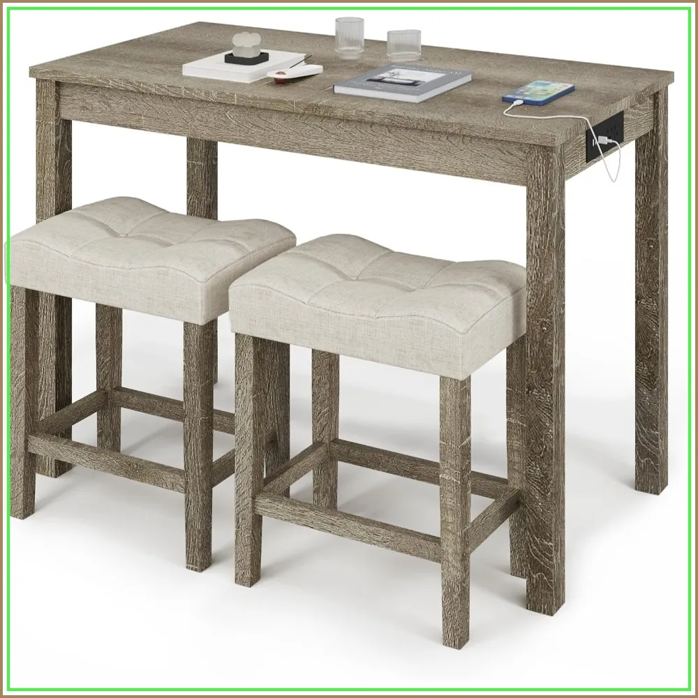 3-Piece Counter Height Bar Table Set with Socket and 2 Fabric Padded Stools, Tall Kitchen Dining Set