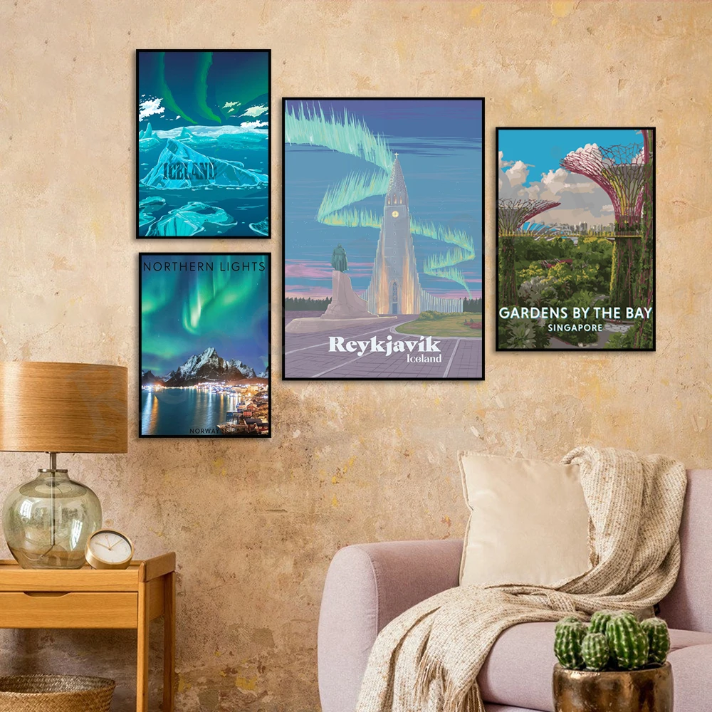 Horizontal Golden Gate Bridge sunset, Singapore, Norway, Reykjavik Iceland Blue Lagoon, Jokulsarlon Northern Lights travel poste