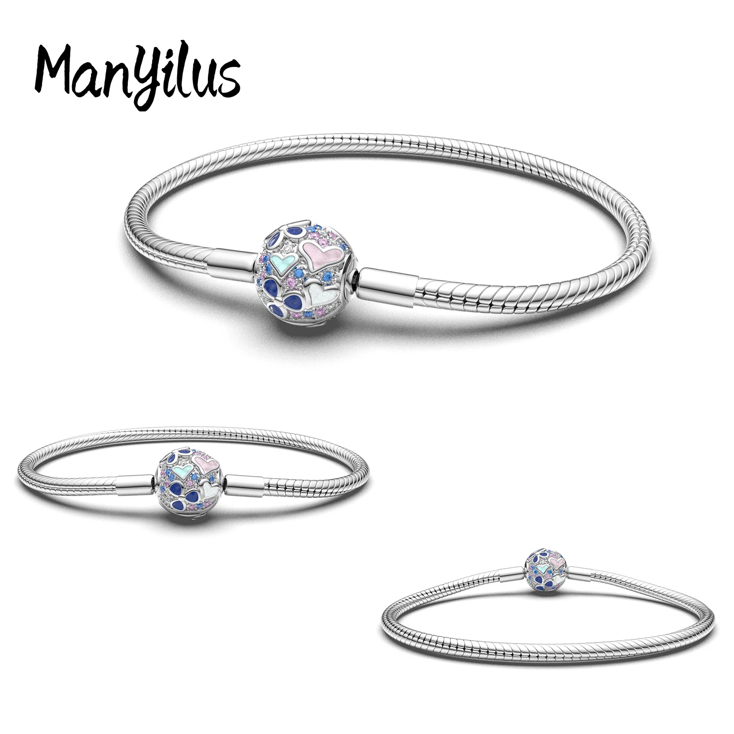 Manyilus 925 Sterling Silver Colorful Heart Enamel Snake Chain Bracelet for Original Charms Paved Clasp Women Love Jewelry Gift