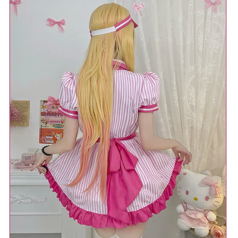 Anime Marin Kitagawa Costume Cosplay Cute Lolita Girls Pink Striped Maid Uniform Dress Halloween Suit