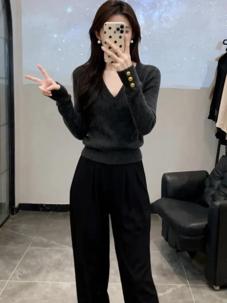 ay V-Ne Knitted Base irt Women's Faion Commute Sle Slim Fit Inner Wear Korean Sle Long Sve Warm Sweater