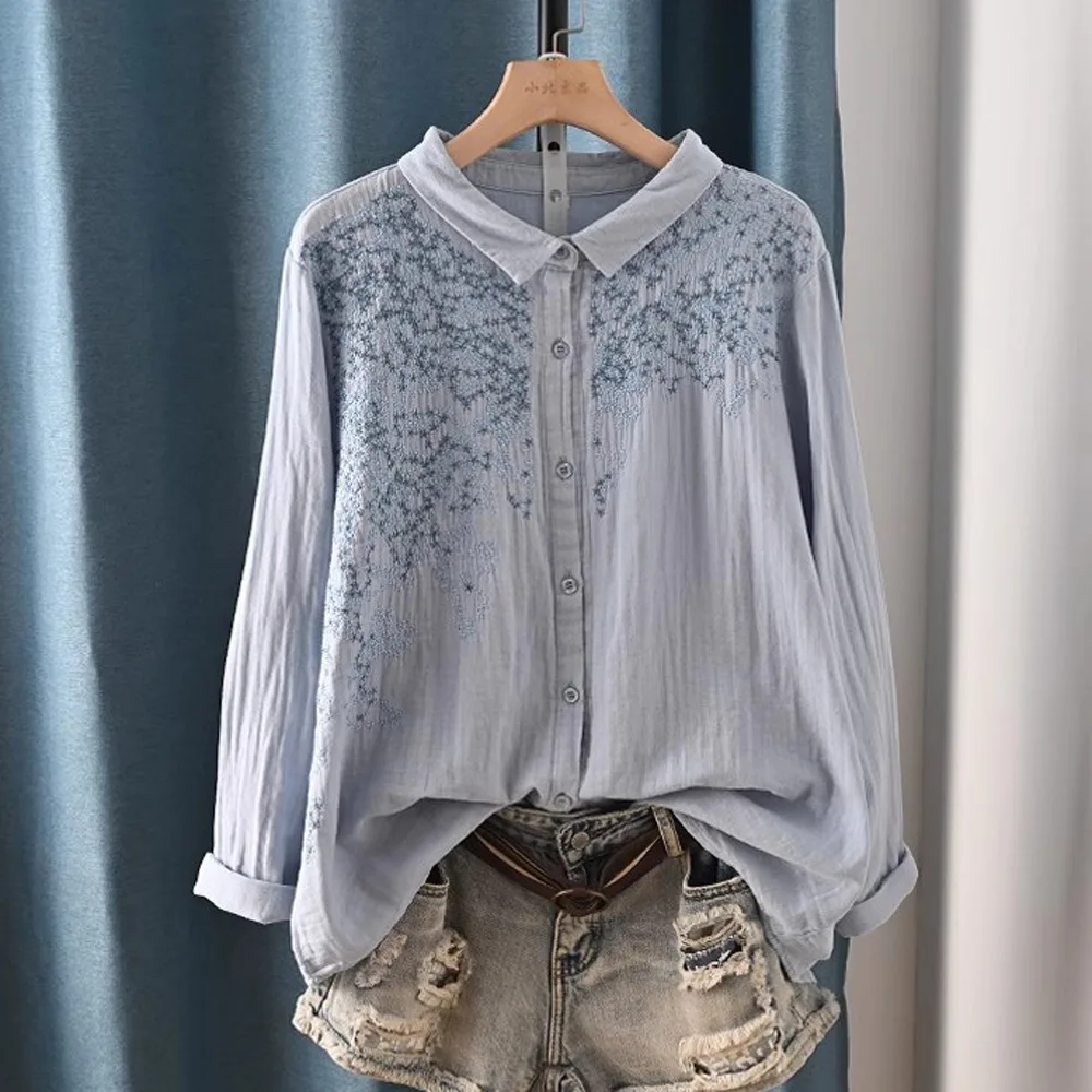 

version embroidered cotton double-layer gauze long-sleeved shirt, new design temperament loose and versatile top in early autumn