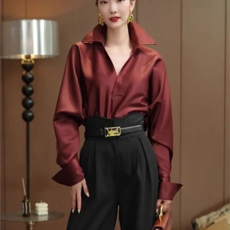 Elegant Satin Red Beautiful Shirt Women's New Fashionable Chic Top