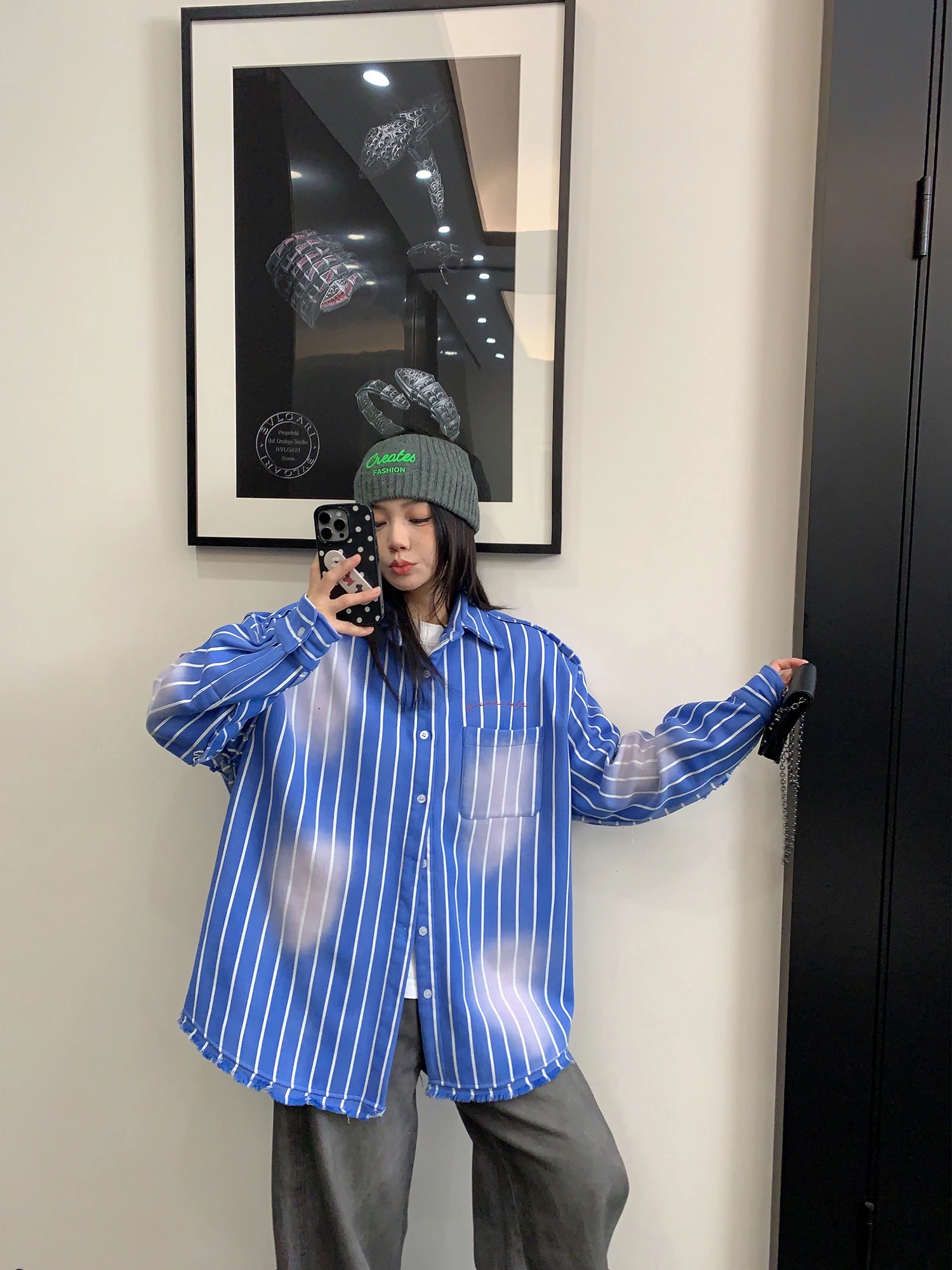 

Ретро-куртка в американском стиле для женщин: свободная модель с вертикальными полосками, длинными рукавами, винтажный вид, весенняя модная верхняя одежда