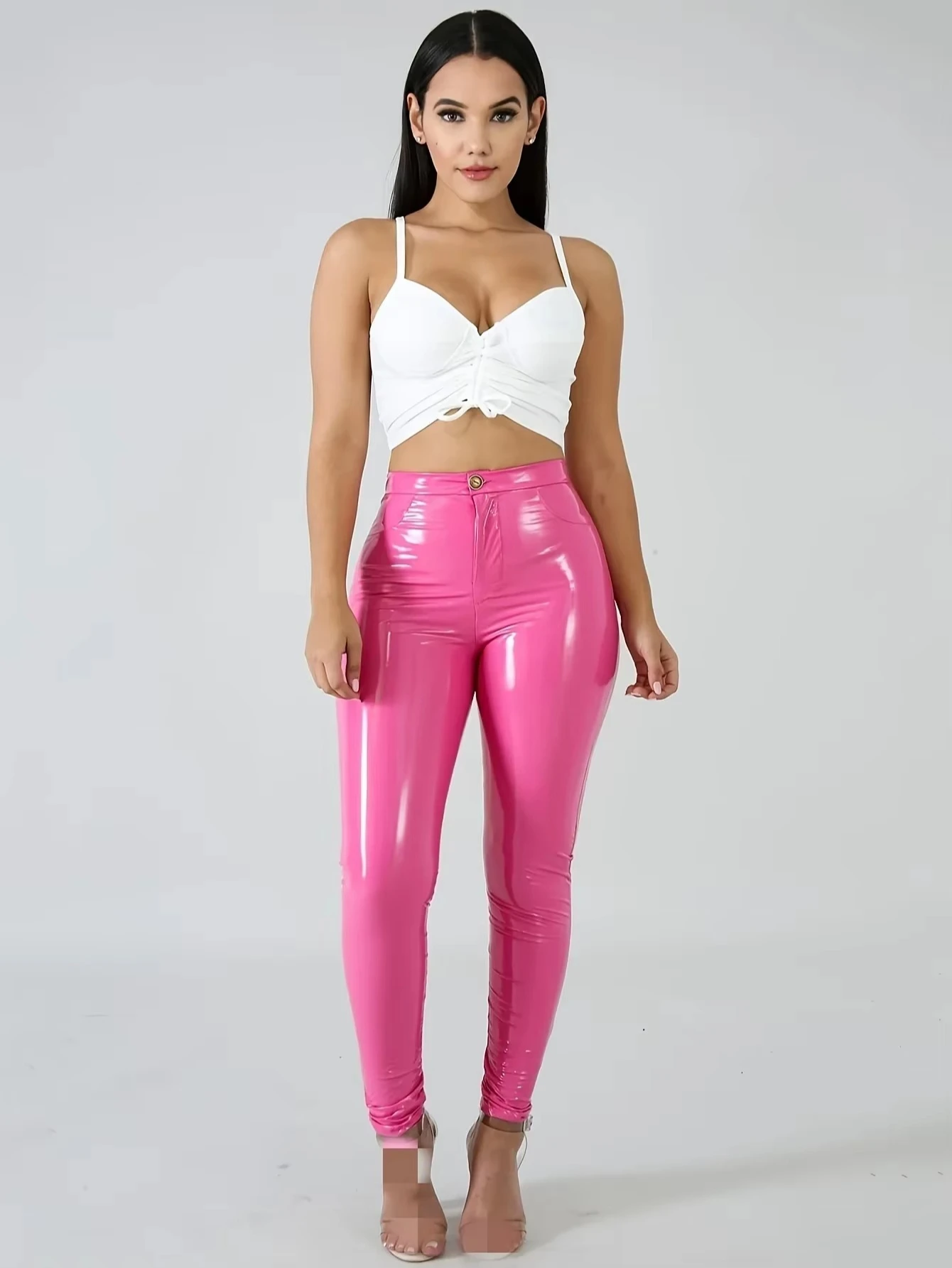 Autumn Women Shiny Patent Leather Pants High Waist Button Pocket PU Leather Skinny Pencil Pants Clubwear Night Party Trousers