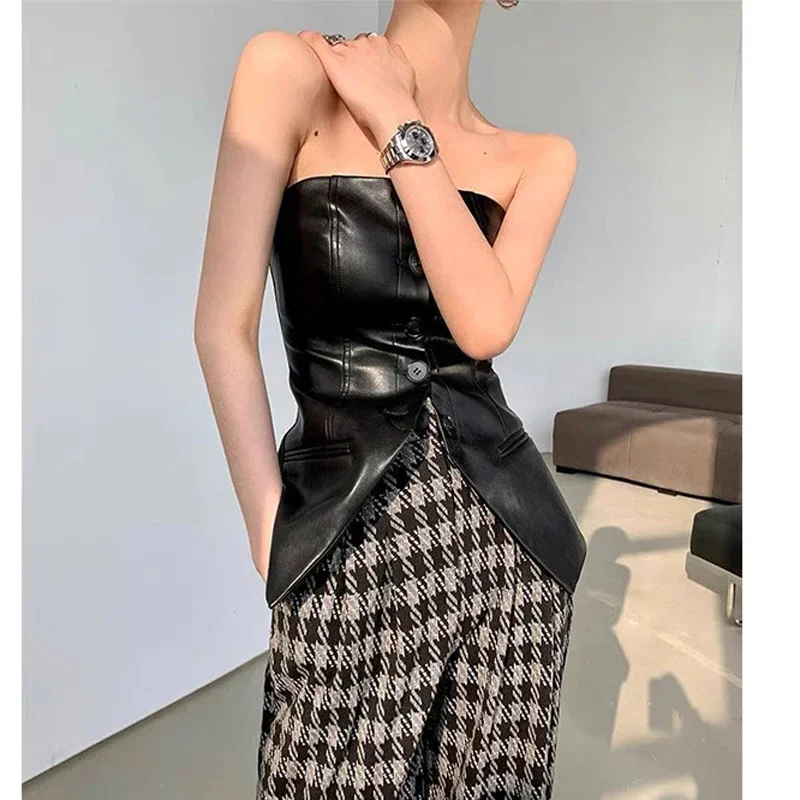 Corsetto streetwear sexy europeo americano Top donna cliente giacca senza colletto fitness sottile in vera pelle nera/marrone Femme Chi