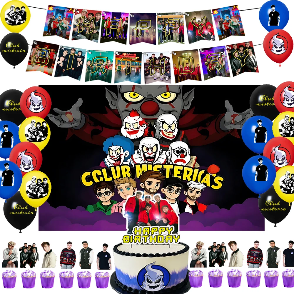 

Club Misterioes Theme Birthday Party Decorations Supplies Backdrop Banner Real Person cards Cake Topper Black Red Number Balloon